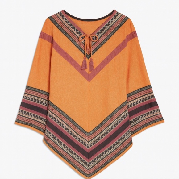 Boston Proper Lambswool Nylon Knit Aztec Tribal Poncho M-L Orange Boho 264 - Picture 2 of 10